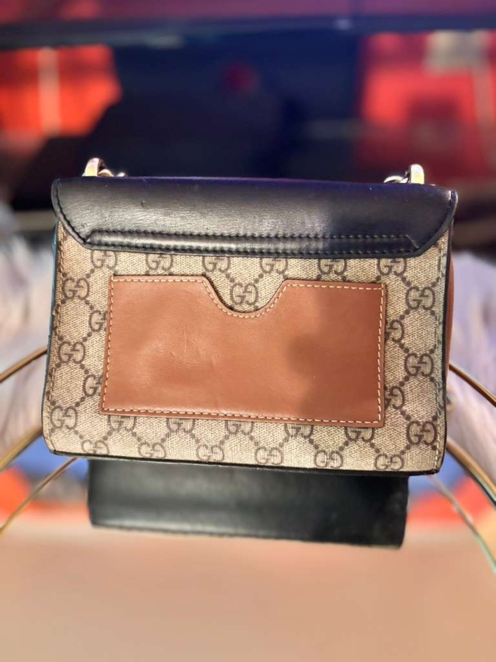 Gucci Beige GG Canvas Crossbody with Brown Leather Pocket and Black Trim